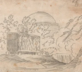 Un sarcophage derrière un bâtiment à dôme